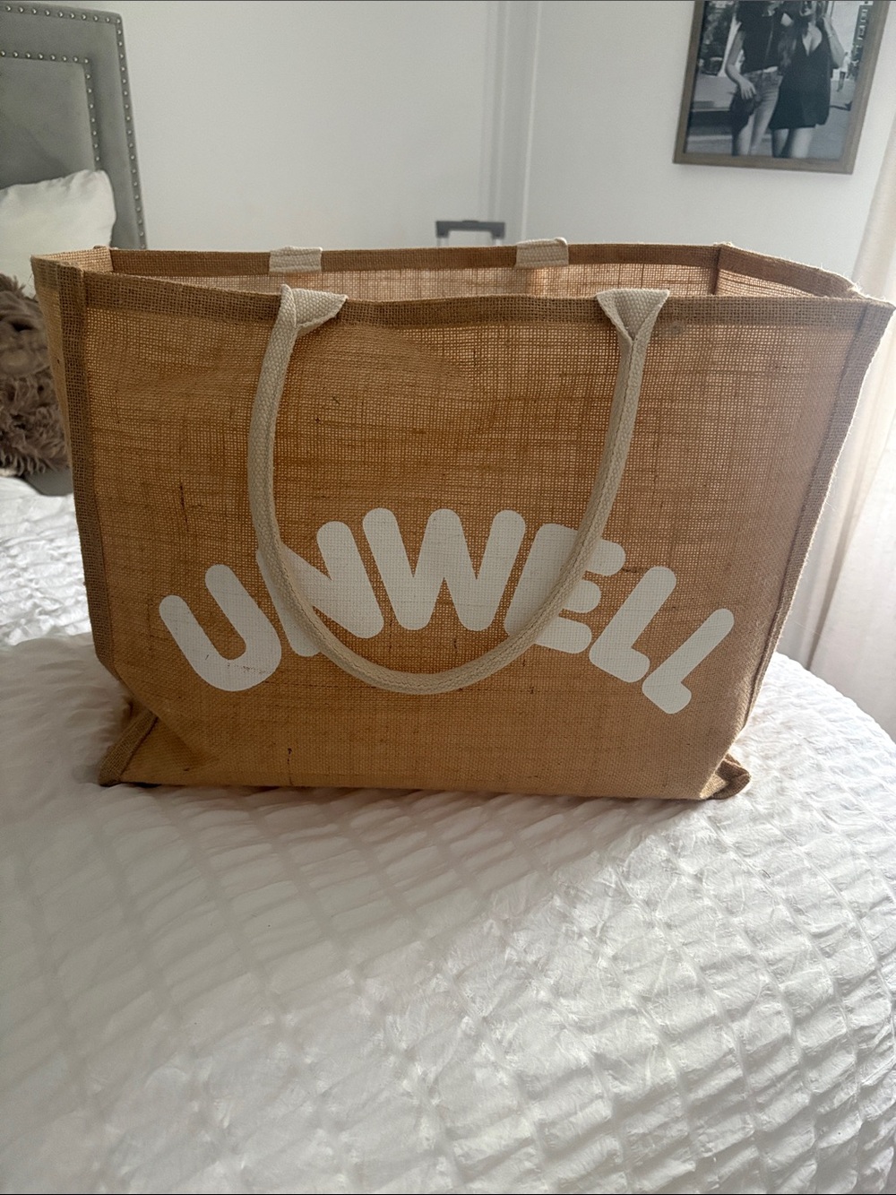 UNWELL Jute Tote Bag in Natural Brown with White Logo
